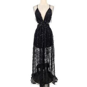 NWT Dress Day Sequin Plunge Neckline Open Back Formal Gown Long Sheer Skirt